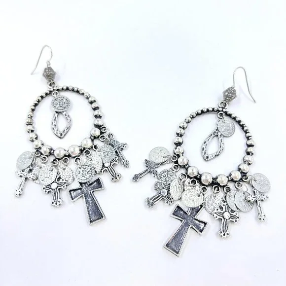 NWT – Charming Charlie – Cross & Disk Charms Silver Tone Dangle 4” Earrings - Picture 3 of 9